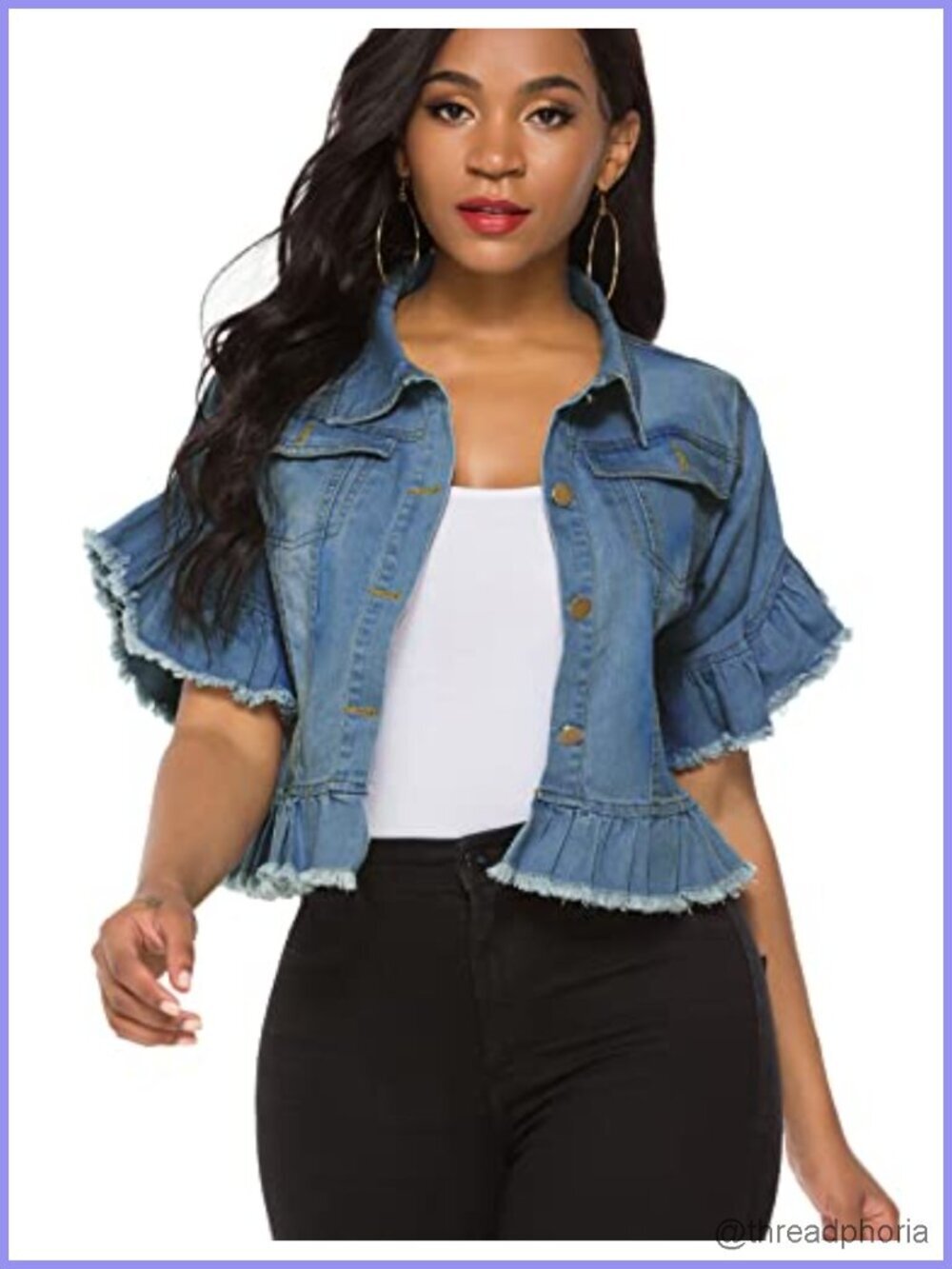Distressed Denim Jacket Button Down Crop Ruffle Sleeve Jean Coat